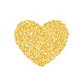 Backdrop Golden texture crumbs heart shaped. Gold dust scattering on a white background. Particles grain or sand assembled. Vector