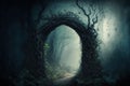 The backdrop image is an archway in a misty, dark countryside with a fairy woodland Royalty Free Stock Photo