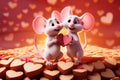 On backdrop with a lot of hearts for Valentine's Day, two enamored white mouses hold in their paws and give each