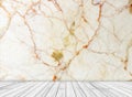 Backdrop marble wall and wood slabs arranged in perspective texture background. Royalty Free Stock Photo