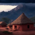 backdrop of mountains during the rainy season, an Indian village unveils a small clay house amidst an insanely detailed.