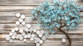 A backdrop of oak and white lattice highlights a turquoise tree, all amidst a flurry of colorful, dynamic hexagons