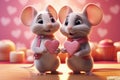 On backdrop radiating love for Valentine's Day, two enamored white mice hold small pink hearts in their paws