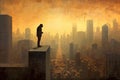 On backdrop of a rising cityscape, the silhouette of human evolution unfolds, as the primitive form of a monkey gradually