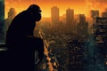 On backdrop of a rising cityscape, the silhouette of human evolution unfolds, as the primitive form of a monkey gradually