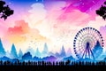 Backdrop of silhouetted trees and a striking sunset, a Ferris wheel dominates the scene Royalty Free Stock Photo