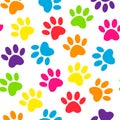 Paw print multicolored seamless. Vector illustration animal paw track pattern. backdrop with silhouettes of cat or dog footprint