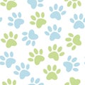 Paw blue and green print seamless. Vector illustration animal paw track pattern. backdrop with silhouettes of cat or dog footprint Royalty Free Stock Photo