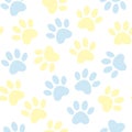 Paw blue and yellow print seamless. Vector illustration animal paw track pattern. backdrop with silhouettes of cat or dog Royalty Free Stock Photo