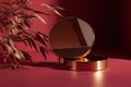 backdrop splay product cosmetic beauty luxury background wall red maroon matte shadow leaf bamboo sunlight dappled counter table