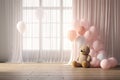 backdrop splay product party luxury window sunlight floor parquet wooden rug balloon pink doll bear large curtain drape sheer