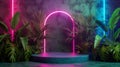 Backdrop for summer podium with tropical leaves and neon lights. 3D rendering.