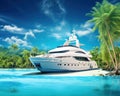 The backdrop of a tropical island with palm trees under the blue sky is a luxurious white yacht.