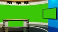 Backdrop for TV shows TV on wall, room empty News studio and background Tv green screen. Royalty Free Stock Photo