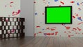 Backdrop for TV shows TV on wall, room empty News studio and background Tv green screen. Royalty Free Stock Photo