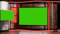 Backdrop for TV shows TV on wall, room empty News studio and background Tv green screen. Royalty Free Stock Photo