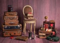 Backdrop with vintage decor and accesories like suitcases, books, typewriter, chair