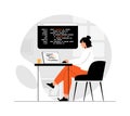 Backend development coding and software programming. Woman working with code at laptop, engineering program process.