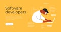 Backend or frontend developer vector illustration, software developers template with man with glasses coding using laptop