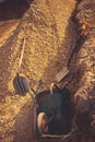 Backfilling of the excavation under the foundation slab. Construction, dolomite, shovels and wheelbarrow. Royalty Free Stock Photo