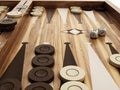 Backgammon board, dices and chips. 3D illustration