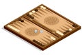 Backgammon board. Isometric backgammon board with chip and dice. Traditional tabletop game concept for strategy, logic Royalty Free Stock Photo
