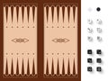 Backgammon brown board to play traditional game, dices from one to six dots, wooden box Royalty Free Stock Photo