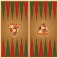 Pizza playing field for backgammon, ancient gambling dice, illustration, decoration of board games