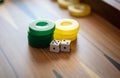 Backgammon, dice and chips closeup on game board Royalty Free Stock Photo