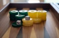 Backgammon, dice and chips closeup on game board Royalty Free Stock Photo