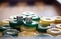 Backgammon, dice and chips closeup on game board Royalty Free Stock Photo