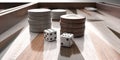 Backgammon, dice and chips closeup on game board. 3d illustration Royalty Free Stock Photo