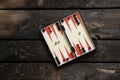 backgammon lie on an old wooden table, game Royalty Free Stock Photo