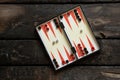 backgammon lie on an old wooden table, game Royalty Free Stock Photo