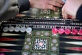 Backgammon on  the wooden box, dice and chips for the game Royalty Free Stock Photo