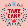 `Take care` sign on pink background.