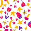 Seamless pattern with flower, moon, stars, hearts, mushroom, strawberry, dragonfly.