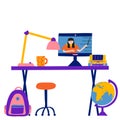 Online education concept. Domestic room with desk and items on it. Taking internet classes or courses.