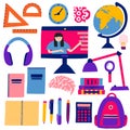 Online education concept. Collection set of school items. Backpack, pens, notepads, globe books, brain. Internet classes and cours