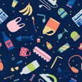 Seamless pattern with unsorted waste on dark background. Environmental pollution concept.