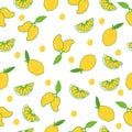 Sweet and sour fruit icon. seamless pattern with lemon and mango fruits illustration on white background. hand drawn vector. yello