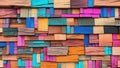 Background of an abstract block stack on a wall with a wood-aged art architecture texture and a colorful abstract wood texture Royalty Free Stock Photo