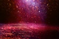 background of abstract red, purple, gold and black glitter lights. defocused Royalty Free Stock Photo