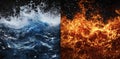 The background is an abstract representation of various elements including black, orange, blue, fire, ice, wind, water Royalty Free Stock Photo