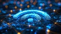 In the background is an abstract Wi-Fi symbol behind a futuristic blue shield protecting wireless internet technology Royalty Free Stock Photo