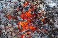 Background of actively smoldering embers and glowing coals of fire Royalty Free Stock Photo