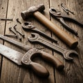 Background and the aged appearance of the tools suggest a vintage or Royalty Free Stock Photo