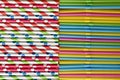 Background of aligned paper straws vs plastic single use neon straws. Royalty Free Stock Photo