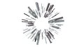 Background with animation. Motion.Small rectangular multicolored lines that make up a proportional circle rotate in turn