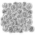 Background artistic collage of USA Dollar coins in a chaotic mess. Graphite pencil on paper. Black and white version Royalty Free Stock Photo